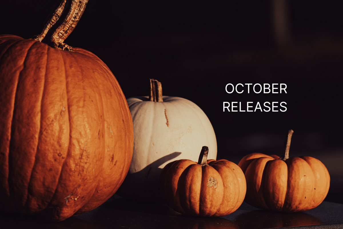 orange and white pumpkins with October Releases written on the top right with a black background