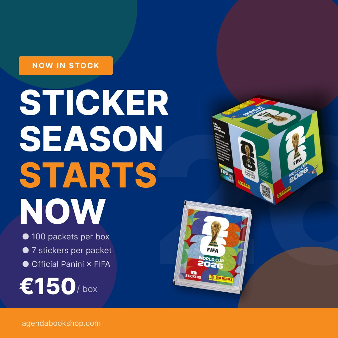 Advertisement for FIFA World Cup 2026 stickers with packaging and text on a blue and orange background.